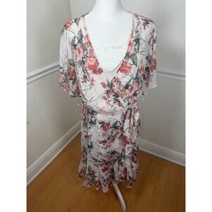 Calvin Klein Floral Wrap Midi Dress Pink Cream Ruffle High Low Women Size 10